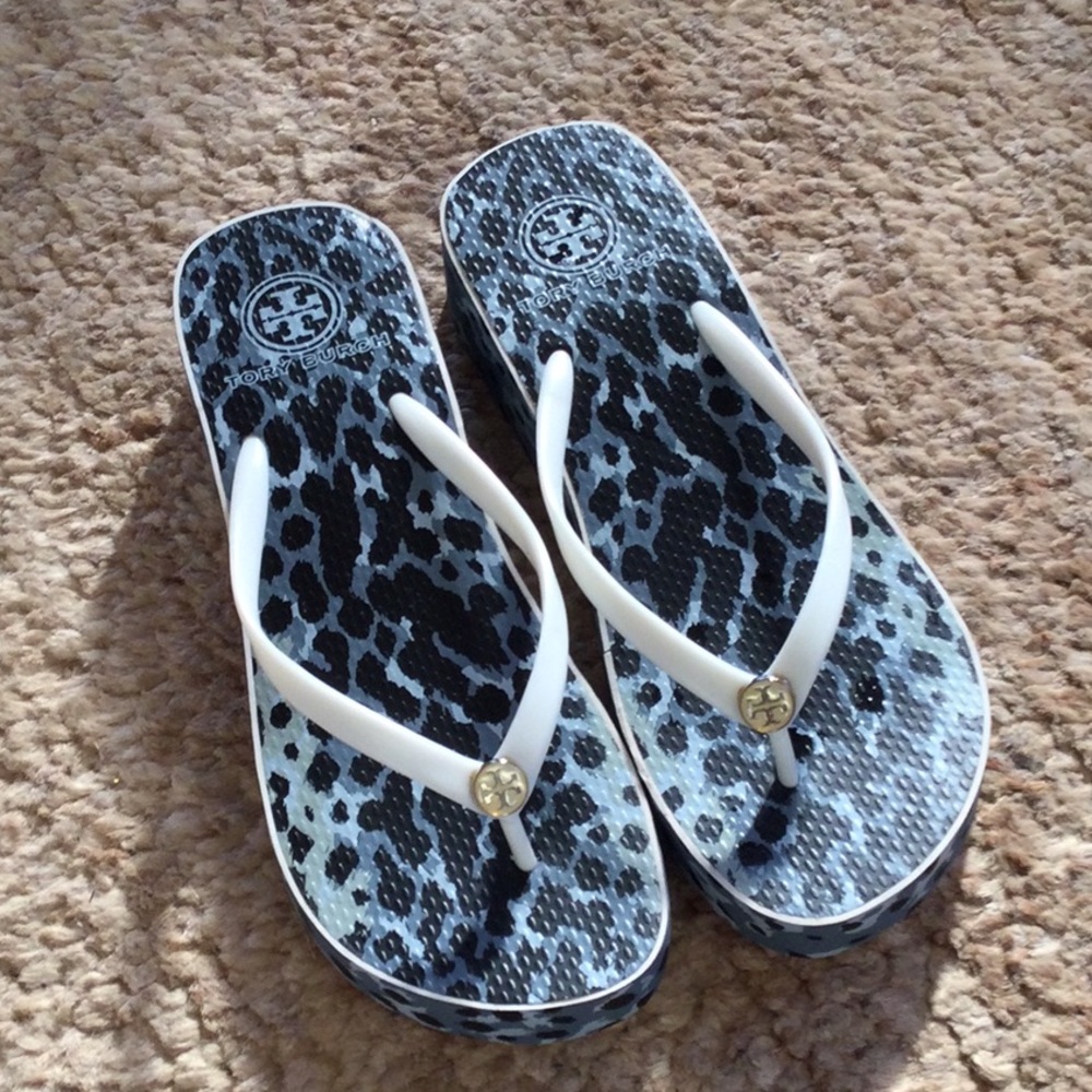 Tory Burch snow leopard wedge flip flops